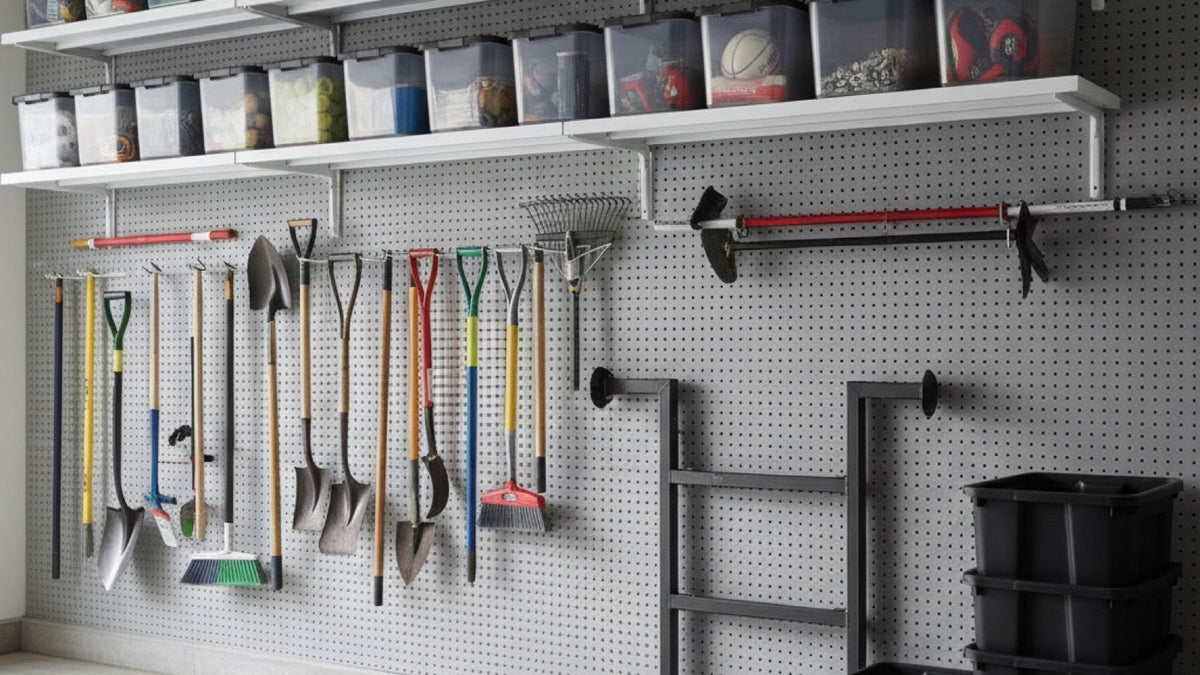 A tidy home garage wall with storage hooks and a bike stand