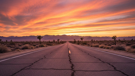 A desert road stretching to the horizon at sunset