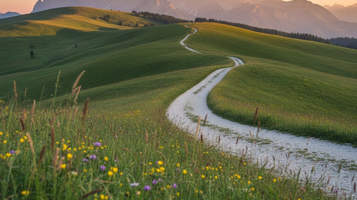 An empty gravel trail winding through green mountain hills at golden hour