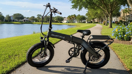 Snapcycle e-bike on a lakeside park path on a bright summer morning