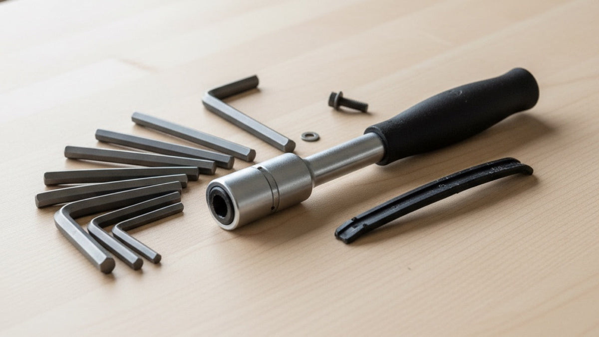 Bicycle repair hand tools laid out on a clean workbench