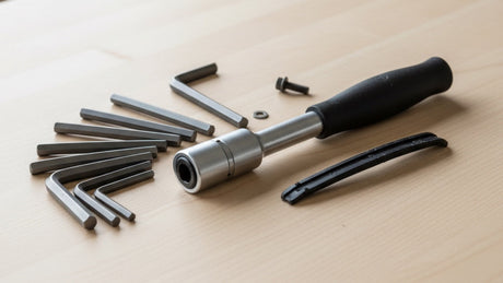 Bicycle repair hand tools laid out on a clean workbench