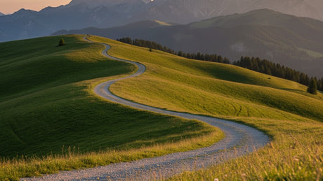 An empty gravel trail winding through green mountain hills at golden hour