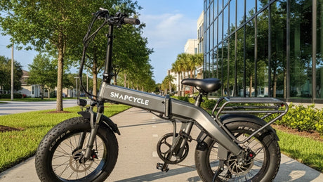 Snapcycle e-bike on a sunny city bike path beside a modern glass building