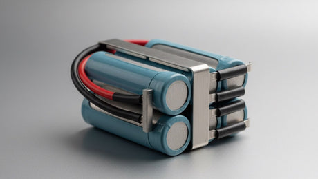 Close-up of a lithium battery cell pack on a neutral surface