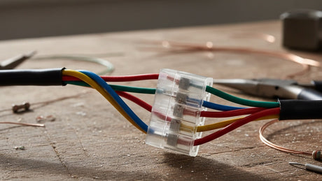 Close-up of an electrical wiring connector and colored cables