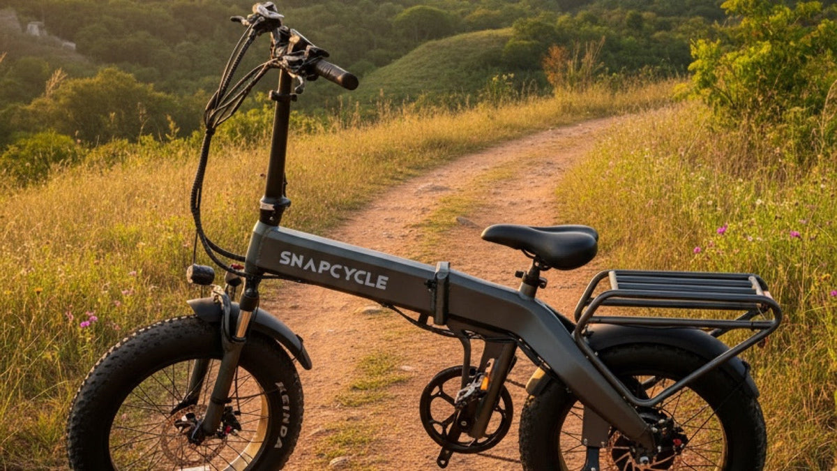 Snapcycle e-bike on a scenic mountain trail at golden hour with green hills behind
