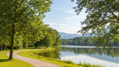 A lakeside park path on a bright summer morning