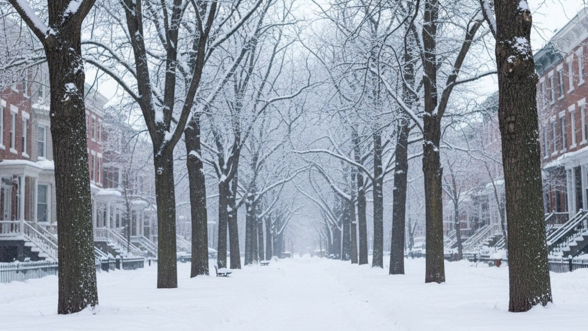 A snowy winter sidewalk with fresh snow and bare trees