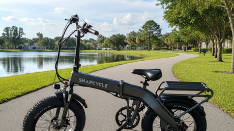 Snapcycle e-bike on a lakeside park path on a bright summer morning