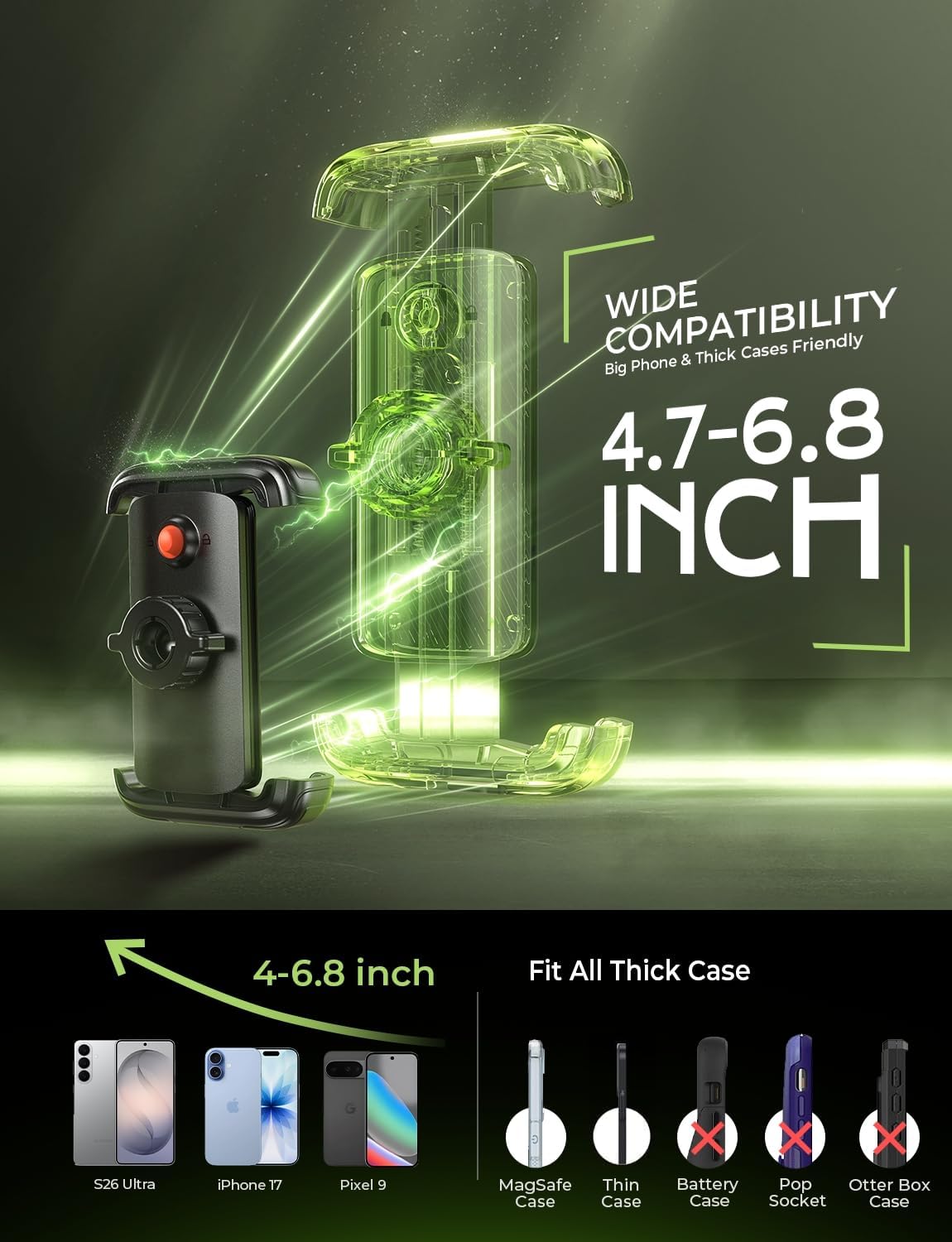 Fits 4.7 to 6.8 inch phones with thick cases