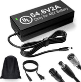 2A charger for Snapcycle e-bikes - 54.6V 2.0A output for 48V batteries, UL Listed, with DC 5.5 x 2.1 mm plug, XLR and 3-pin adapters, detachable AC cord and storage pouch