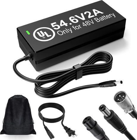 2A charger for Snapcycle e-bikes - 54.6V 2.0A output for 48V batteries, UL Listed, with DC 5.5 x 2.1 mm plug, XLR and 3-pin adapters, detachable AC cord and storage pouch