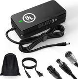 3A fast charger for Snapcycle e-bikes - 54.6V 3.0A output, UL Listed, with DC 5.5 x 2.1 mm plug, XLR and 3-pin adapters, detachable AC cord and storage pouch