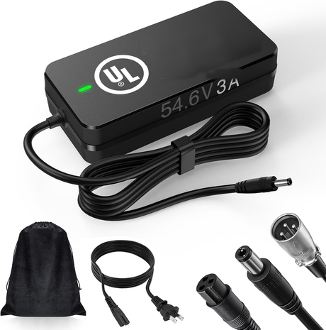 3A fast charger for Snapcycle e-bikes - 54.6V 3.0A output, UL Listed, with DC 5.5 x 2.1 mm plug, XLR and 3-pin adapters, detachable AC cord and storage pouch